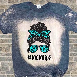 Mom Life Messy Bun Turquoise Bleached Sublimation T-shirt Gildan Unisex